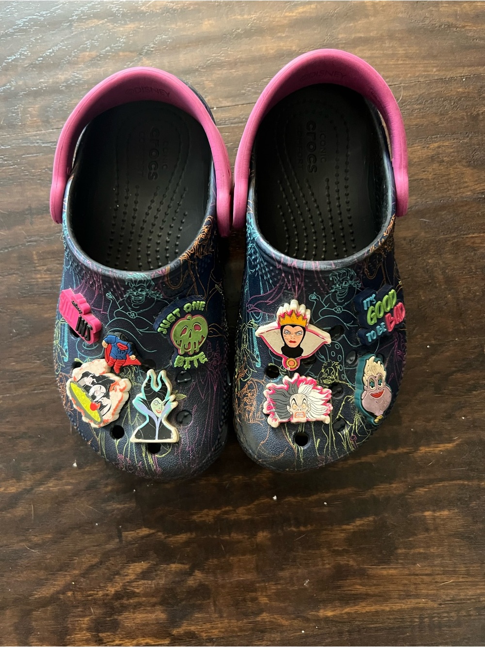 CROCS Kids Black Clog with Pink Strap and Disney Villain Charms